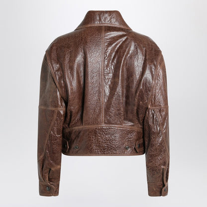 Saint Laurent Aged Leather Bomber Jacket in Brown