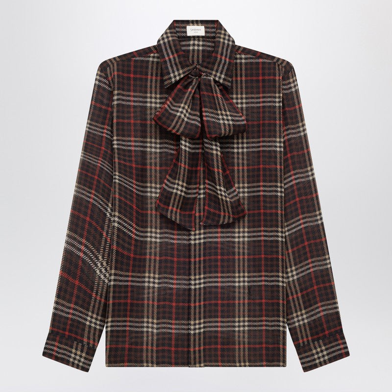Saint Laurent Cassandre Tartan Silk Crepe Semi-Sheer Shirt Brown