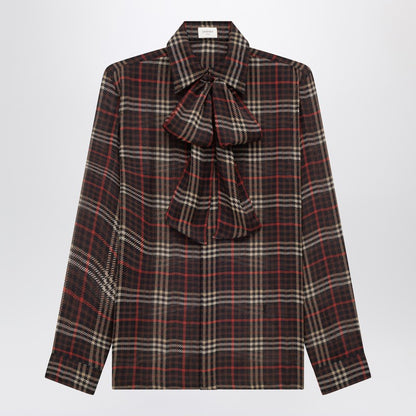 Saint Laurent Cassandre Tartan Silk Crepe Semi-Sheer Shirt Brown
