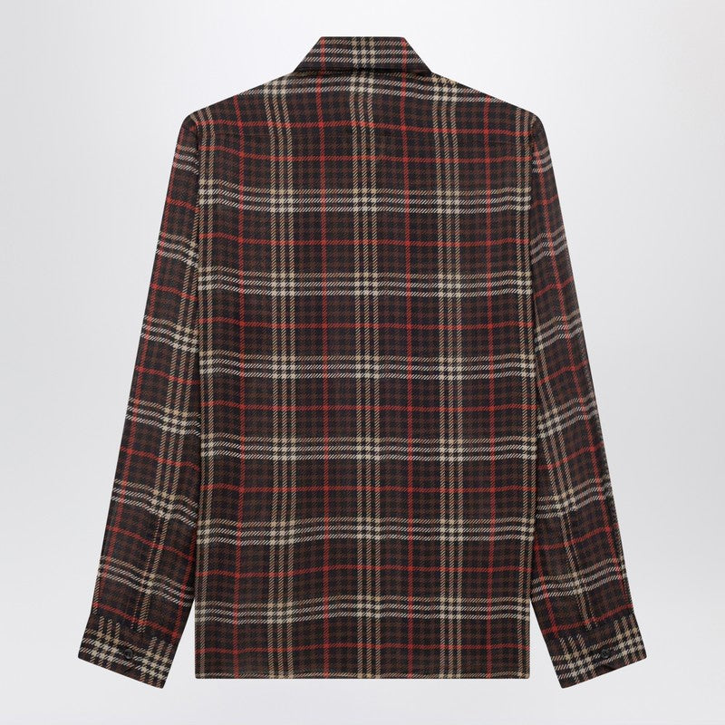 Saint Laurent Cassandre Tartan Silk Crepe Semi-Sheer Shirt Brown