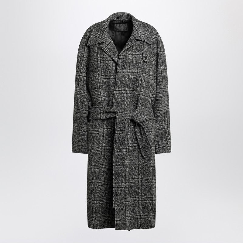 Balenciaga Raglan Checked Wool Belted Coat in Black and Grey Black