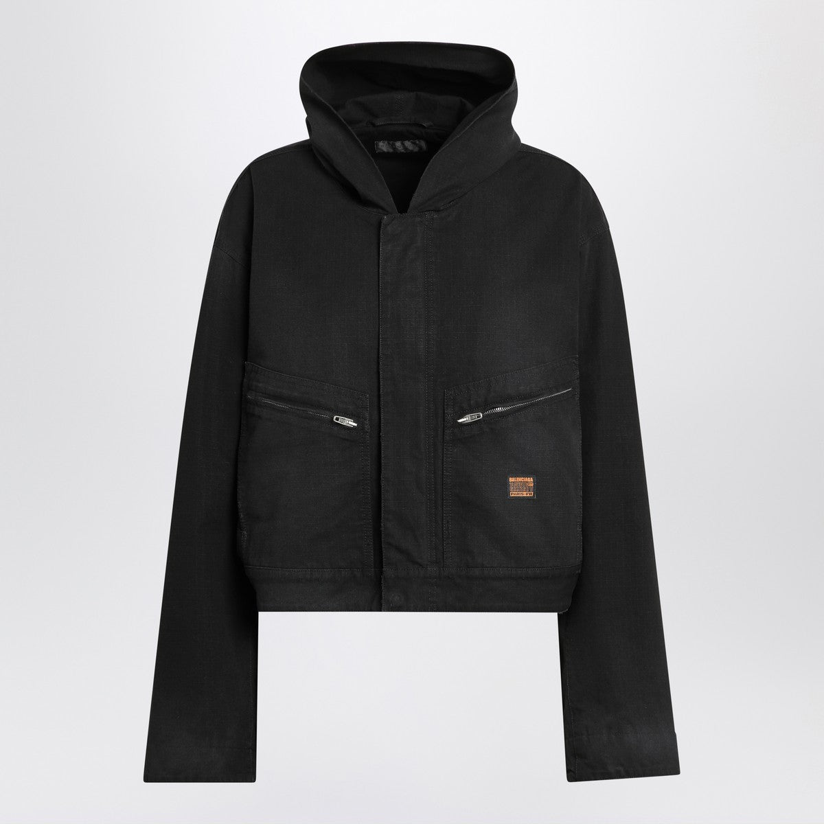 Balenciaga Cropped Cotton Hooded Jacket Black