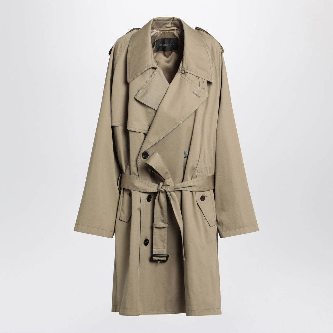 Balenciaga Double-Breasted Wide Cotton Trench Coat Beige