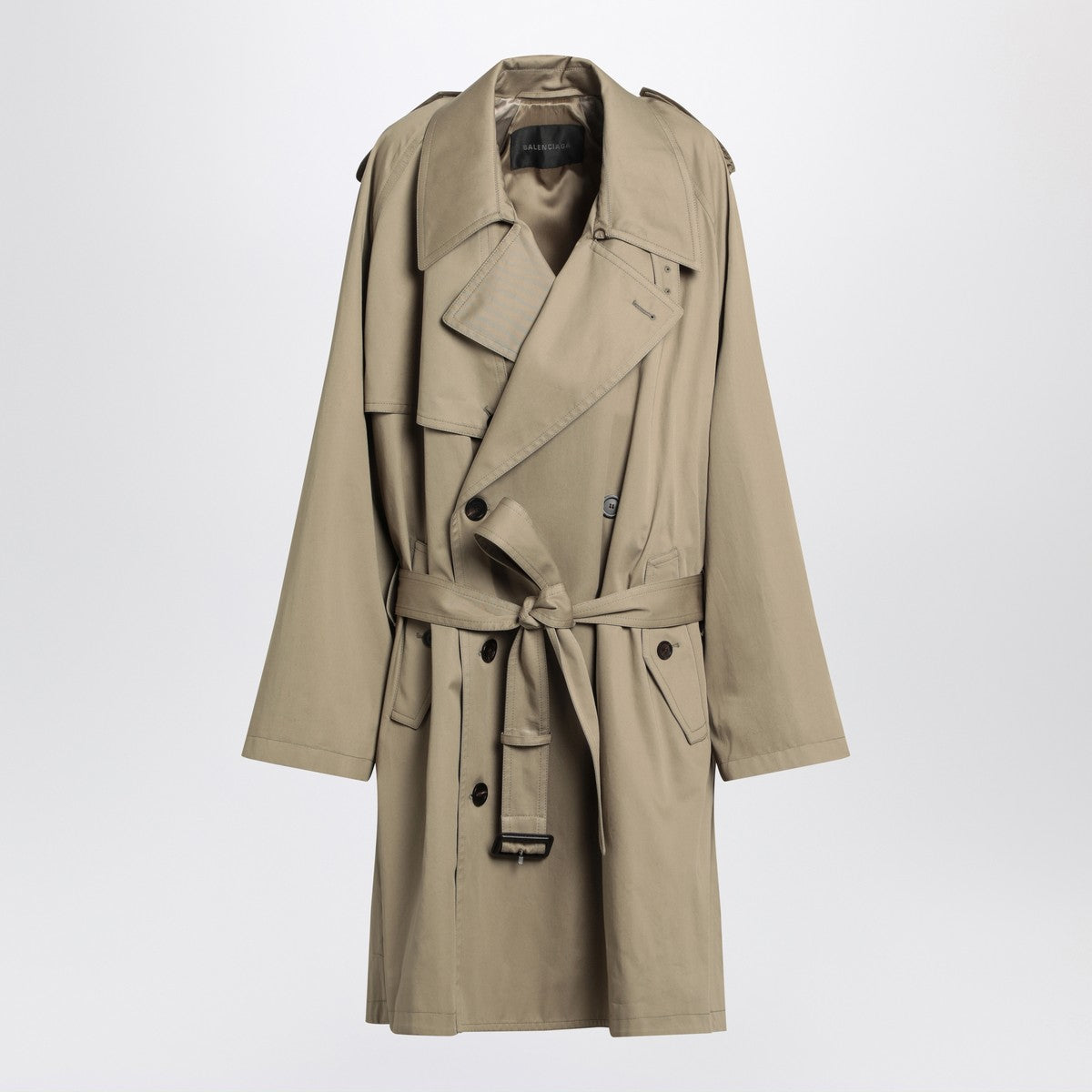 Balenciaga Double-Breasted Wide Cotton Trench Coat Beige