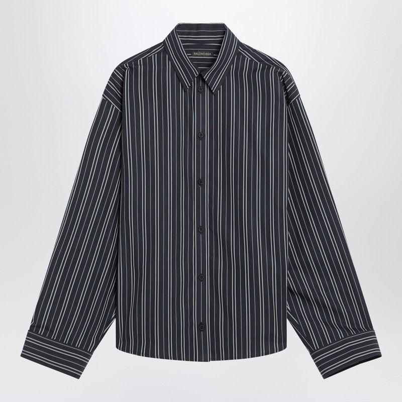 Balenciaga Navy Blue Striped Cotton Asymmetric Shirt with Embroidered Detail Blue
