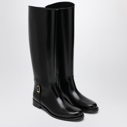 Saint Laurent Black Smooth Leather Julia Boots with Engraved Logo Buckle Black