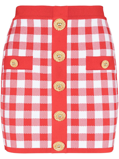 Balmain Vichy Buttoned Mini Skirt Red