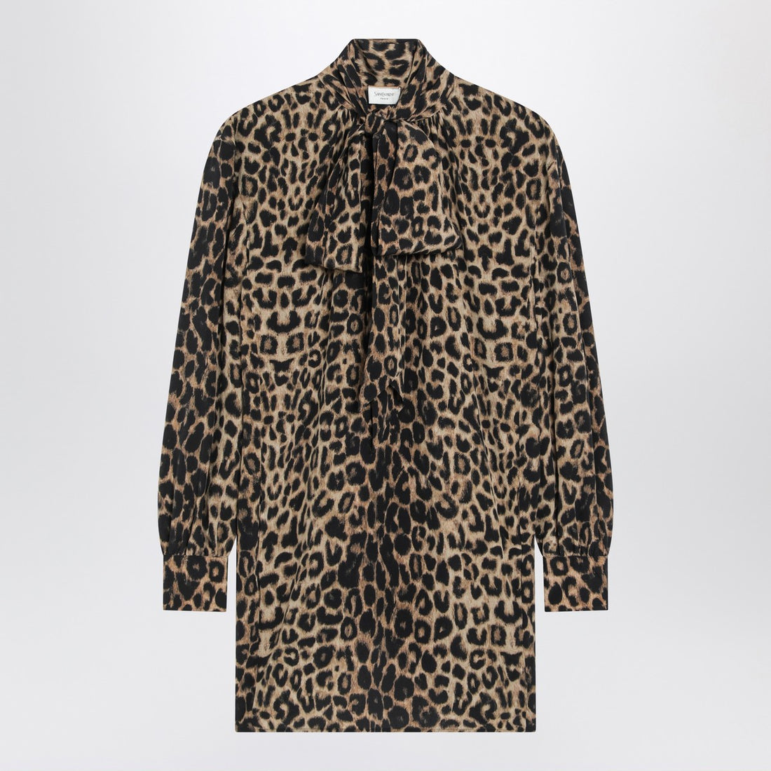 Saint Laurent Leopard-Print Silk Mini Dress With Tie-Neck Scarf Print