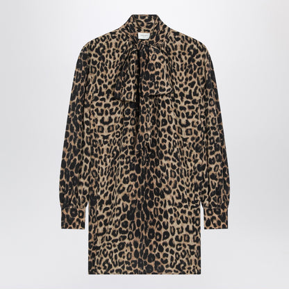 Saint Laurent Leopard-Print Silk Mini Dress With Tie-Neck Scarf Print