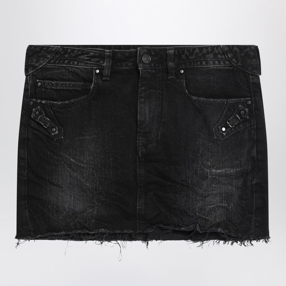Balenciaga Washed Black Mini Denim Skirt with Buckle and Stud Details Black