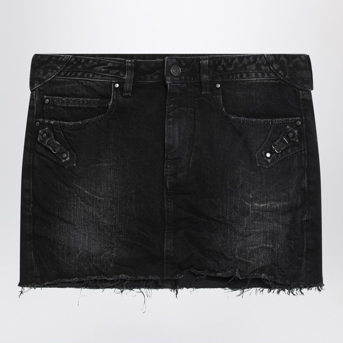 Balenciaga Washed Black Mini Denim Skirt with Buckle and Stud Details Black