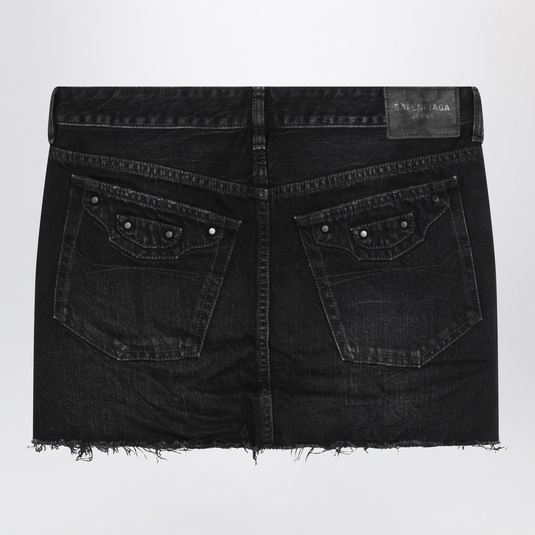 Balenciaga Washed Black Mini Denim Skirt with Buckle and Stud Details Black