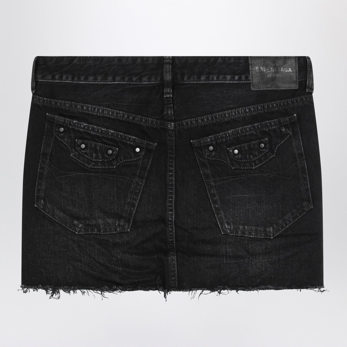 Balenciaga Washed Black Mini Denim Skirt with Buckle and Stud Details Black