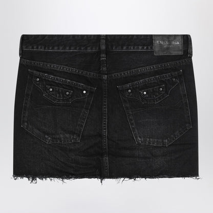 Balenciaga Washed Black Mini Denim Skirt with Buckle and Stud Details Black