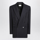 Saint Laurent Long Double-Breasted Wool Gabardine Coat Navy Blue Blue
