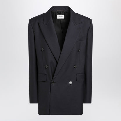 Saint Laurent Long Double-Breasted Wool Gabardine Coat Navy Blue Blue