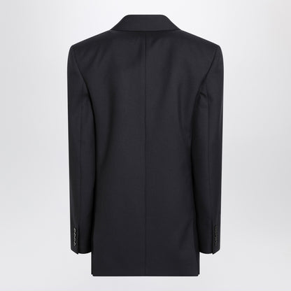 Saint Laurent Long Double-Breasted Wool Gabardine Coat Navy Blue Blue