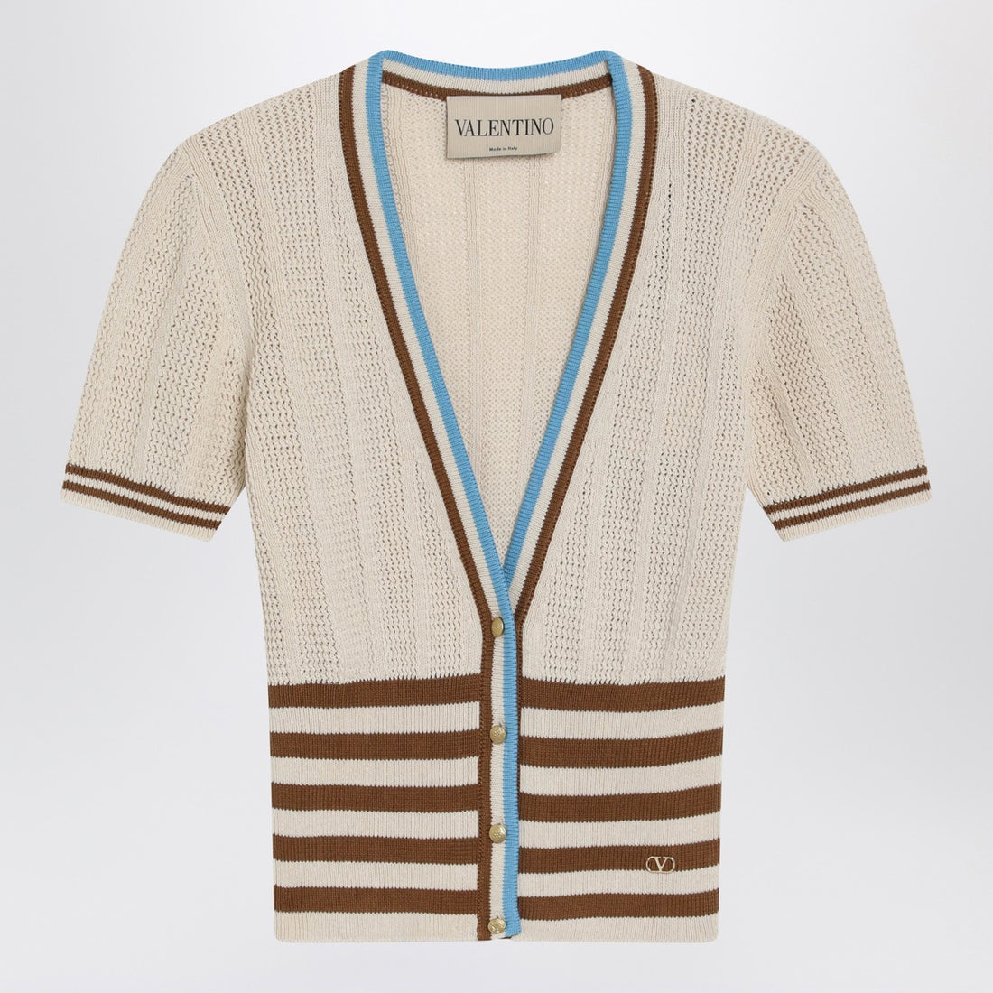 Valentino Garavani Openwork Striped Cotton Cardigan Beige