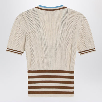 Valentino Garavani Openwork Striped Cotton Cardigan Beige