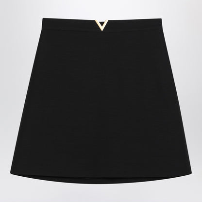 Valentino Black Virgin Wool Crepe Mini Skirt with V Gold Detail Black