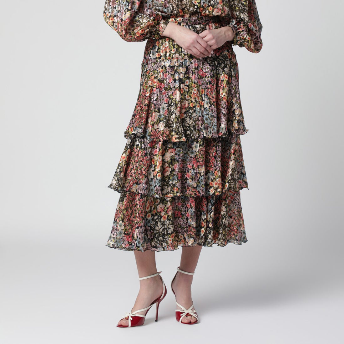 Valentino Silk Tiered Floral Skirt Multicolor