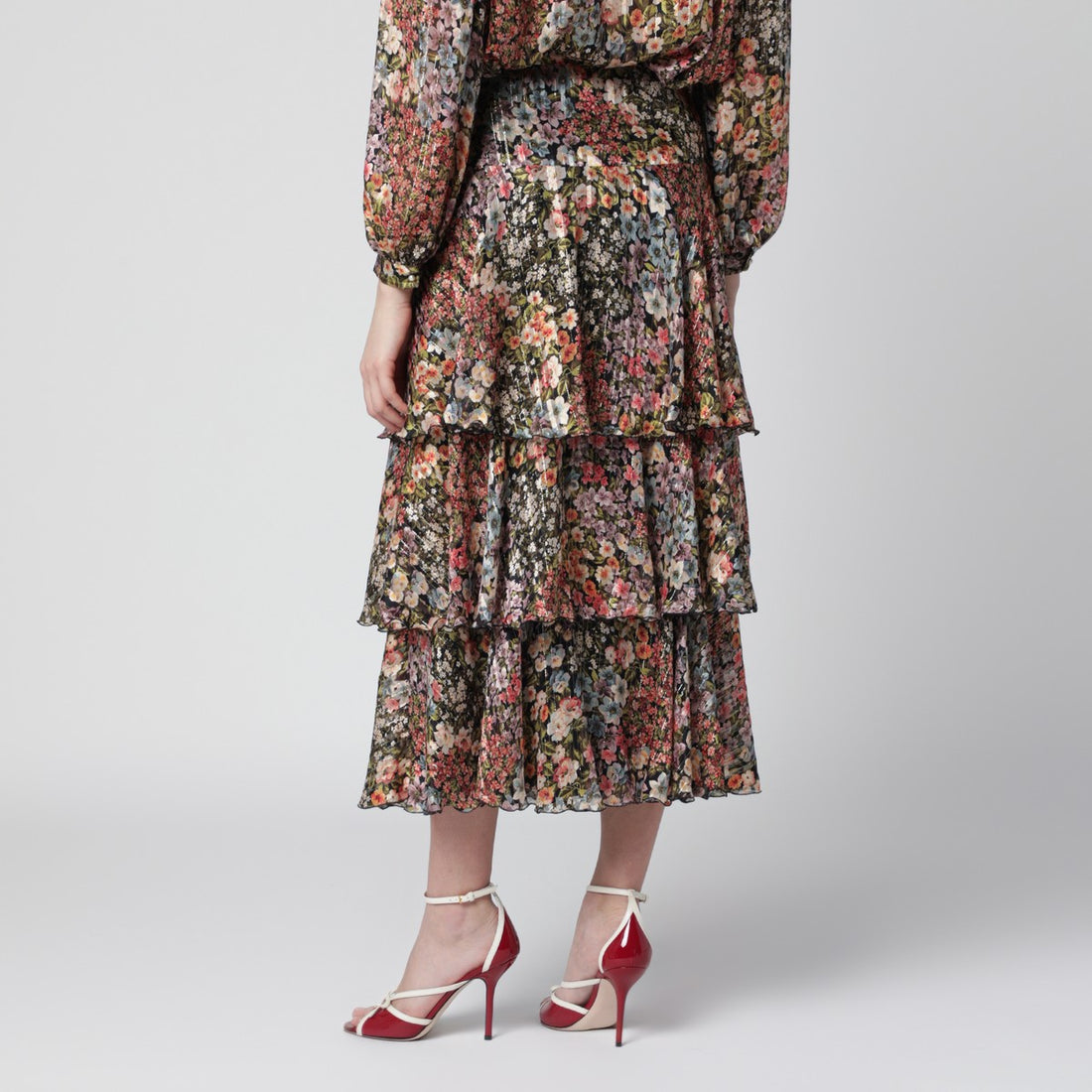 Valentino Silk Tiered Floral Skirt Multicolor