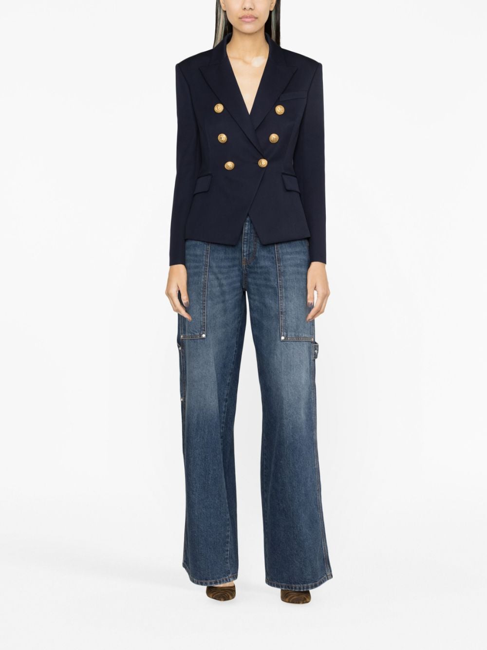 Balmain Double-Breasted Wool Blazer Navy Blue Blue