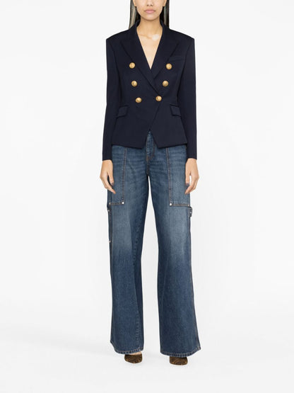 Balmain Double-Breasted Wool Blazer Navy Blue Blue