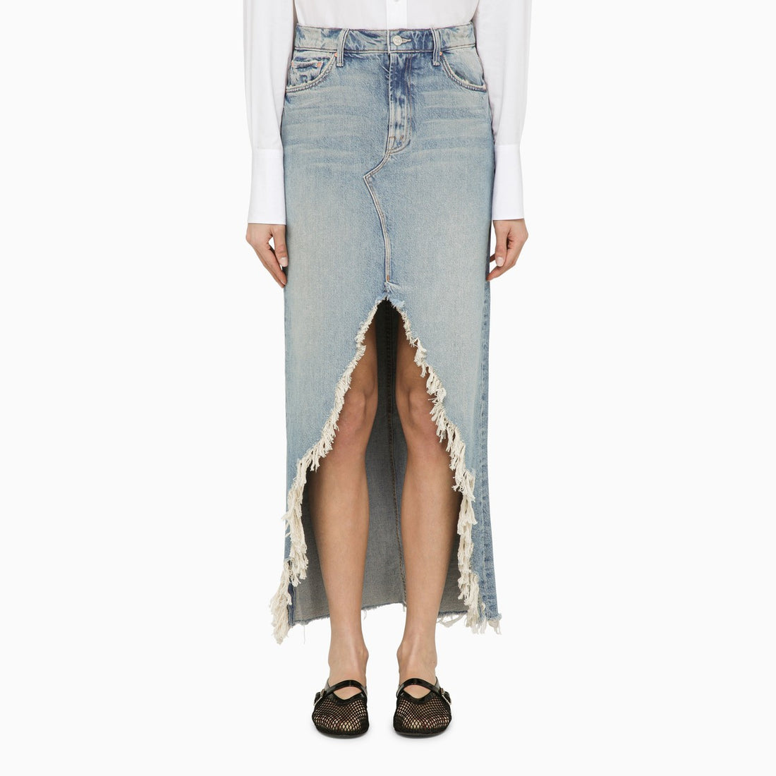 Mother Long Denim Maxi Skirt with Frayed Front Slit Light Blue
