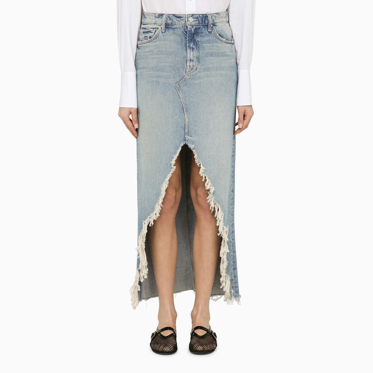 Mother Long Denim Maxi Skirt with Frayed Front Slit Light Blue