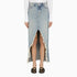 Mother Long Denim Maxi Skirt with Frayed Front Slit Light Blue