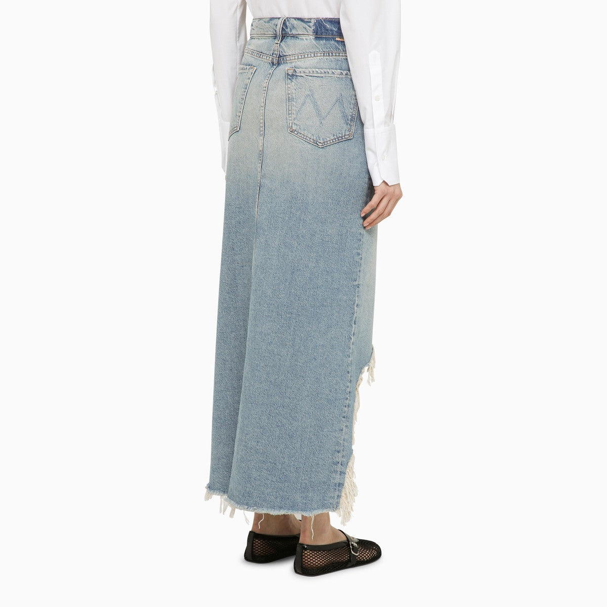 Mother Long Denim Maxi Skirt with Frayed Front Slit Light Blue