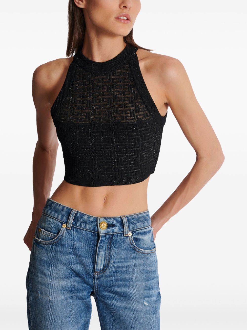 Balmain Open-Knit 4G Motif Cropped Halterneck Top Black