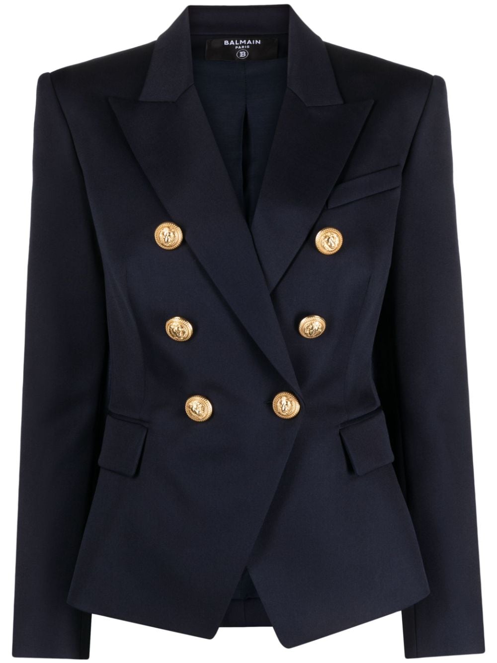 Balmain Double-Breasted Wool Blazer Navy Blue Blue