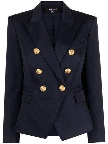 Balmain Double-Breasted Wool Blazer Navy Blue Blue