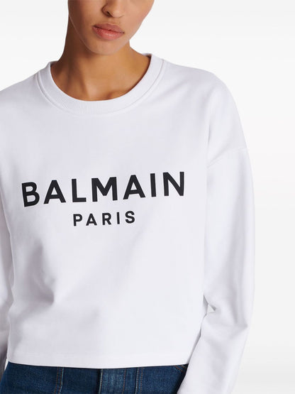Balmain Logo-Print Organic Cotton Cropped Sweatshirt White