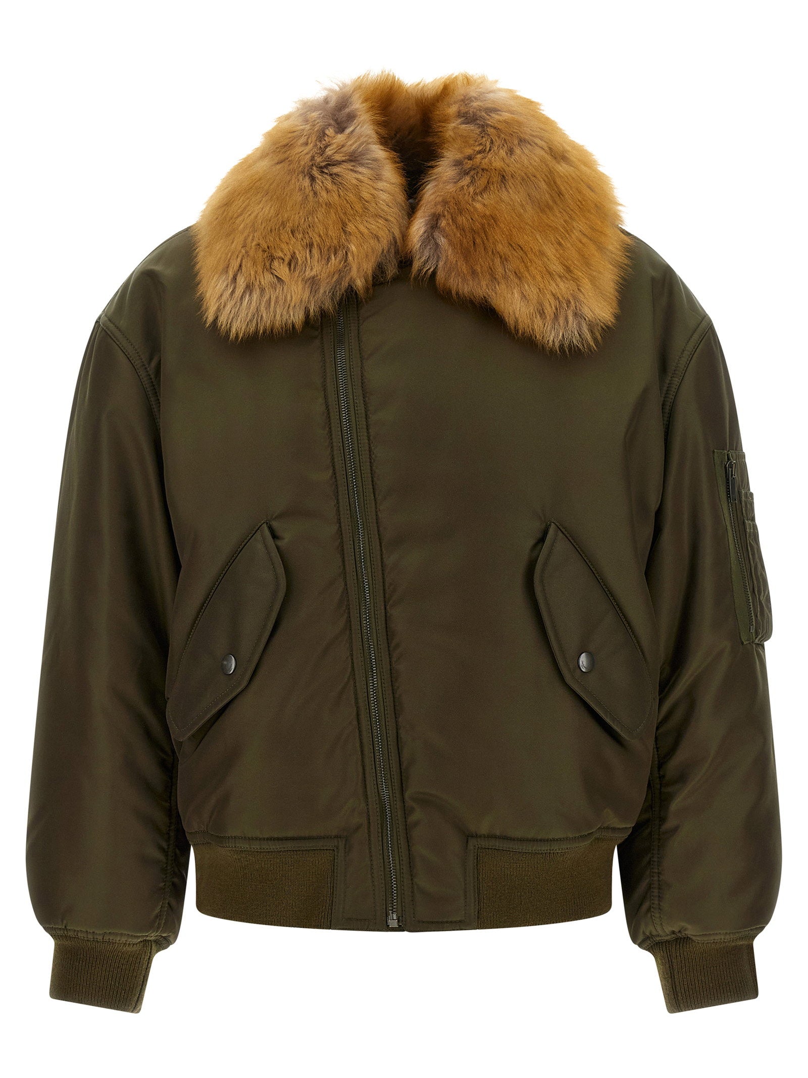 Saint Laurent Removable Shearling Neck Bomber Jacket Green