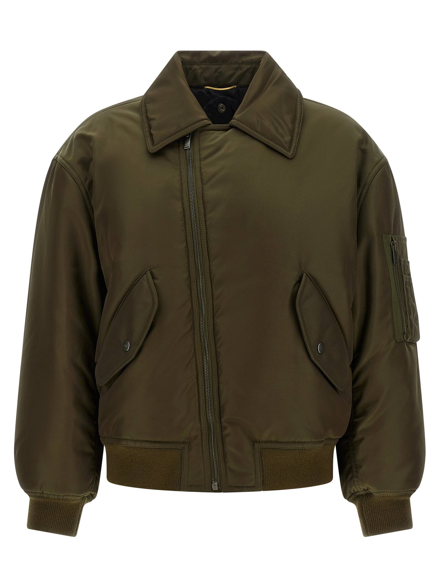Saint Laurent Removable Shearling Neck Bomber Jacket Green
