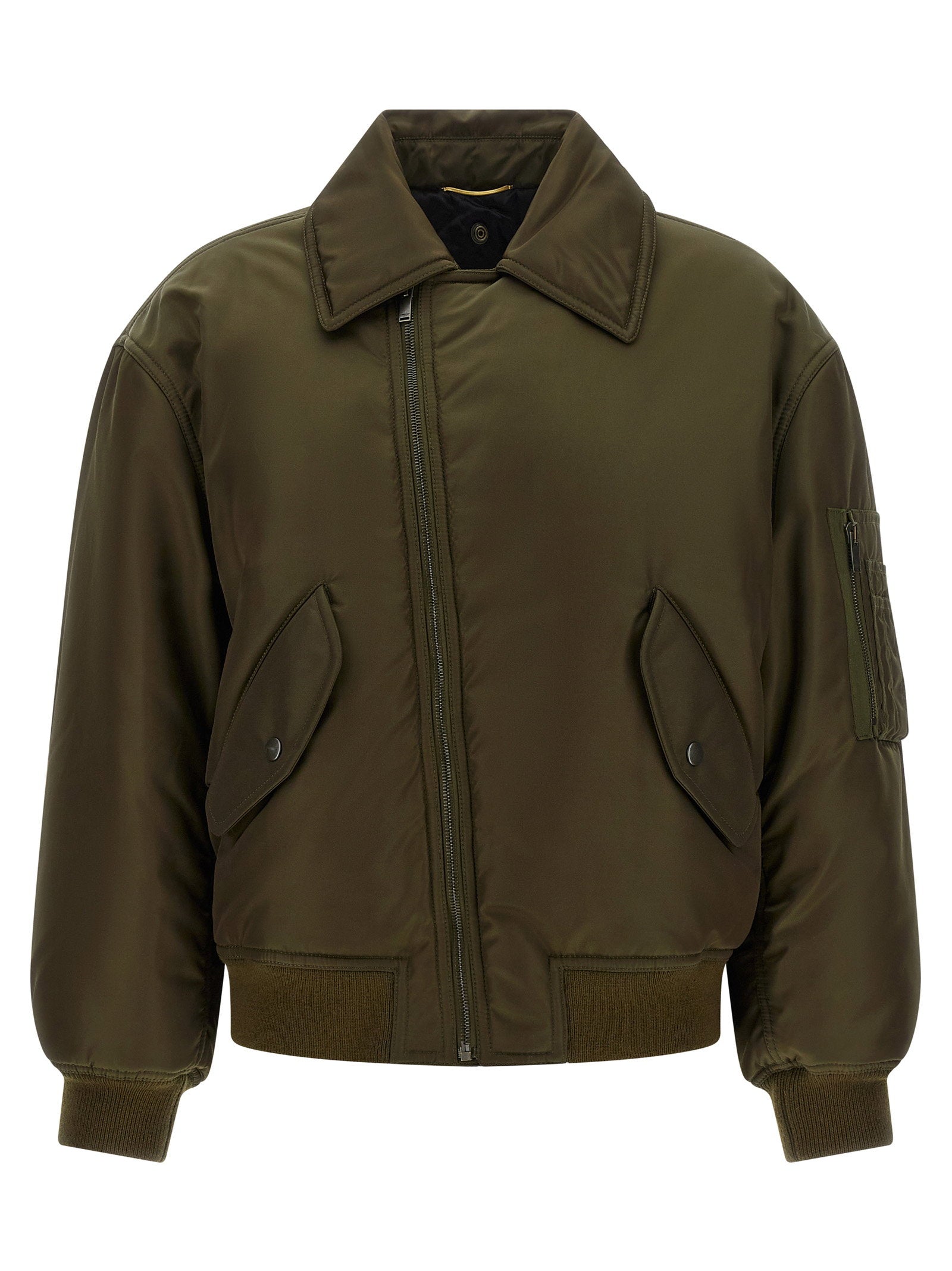 Saint Laurent Removable Shearling Neck Bomber Jacket Green