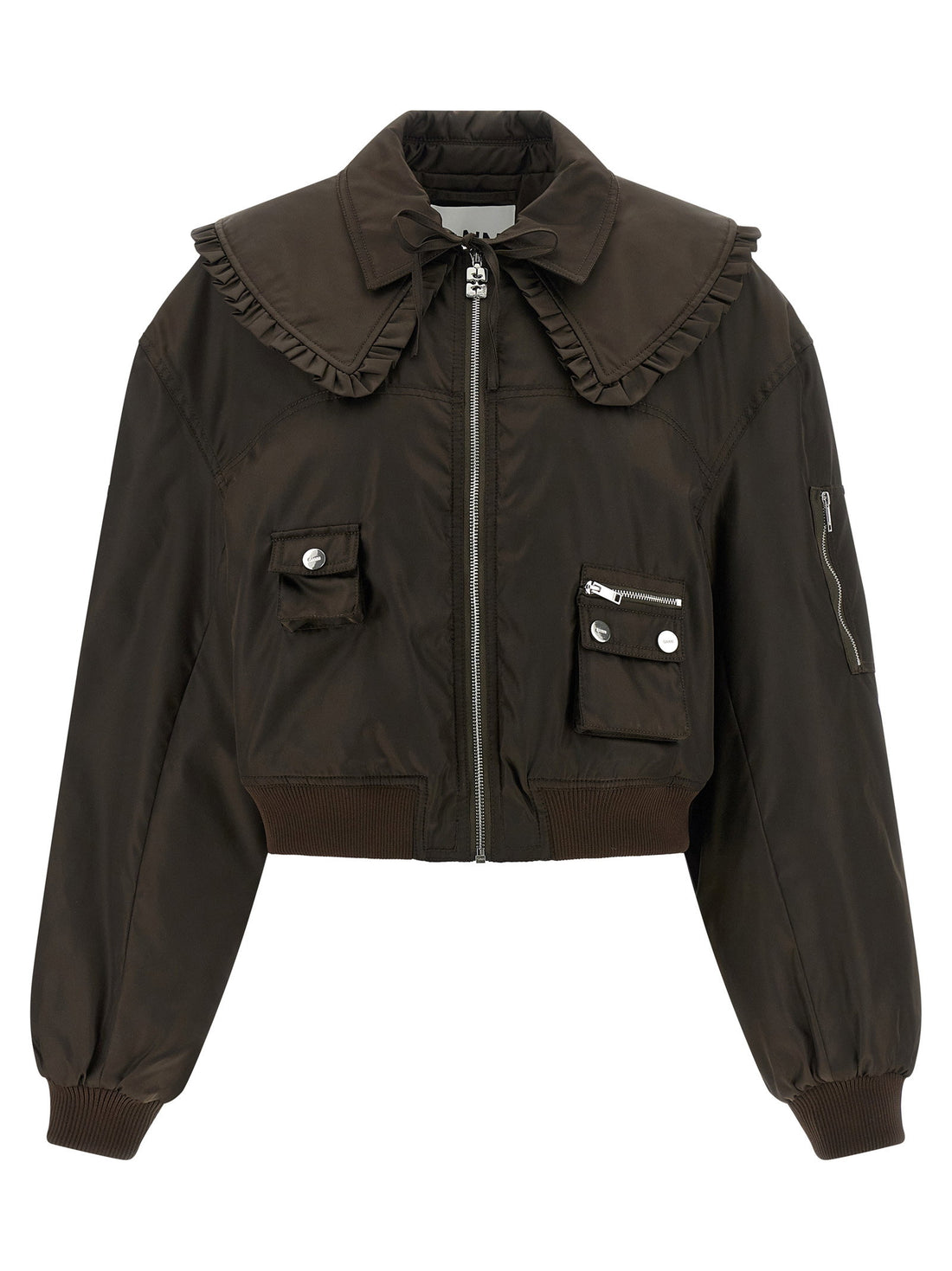 Ganni Duchesse Nylon Bomber Jacket Brown