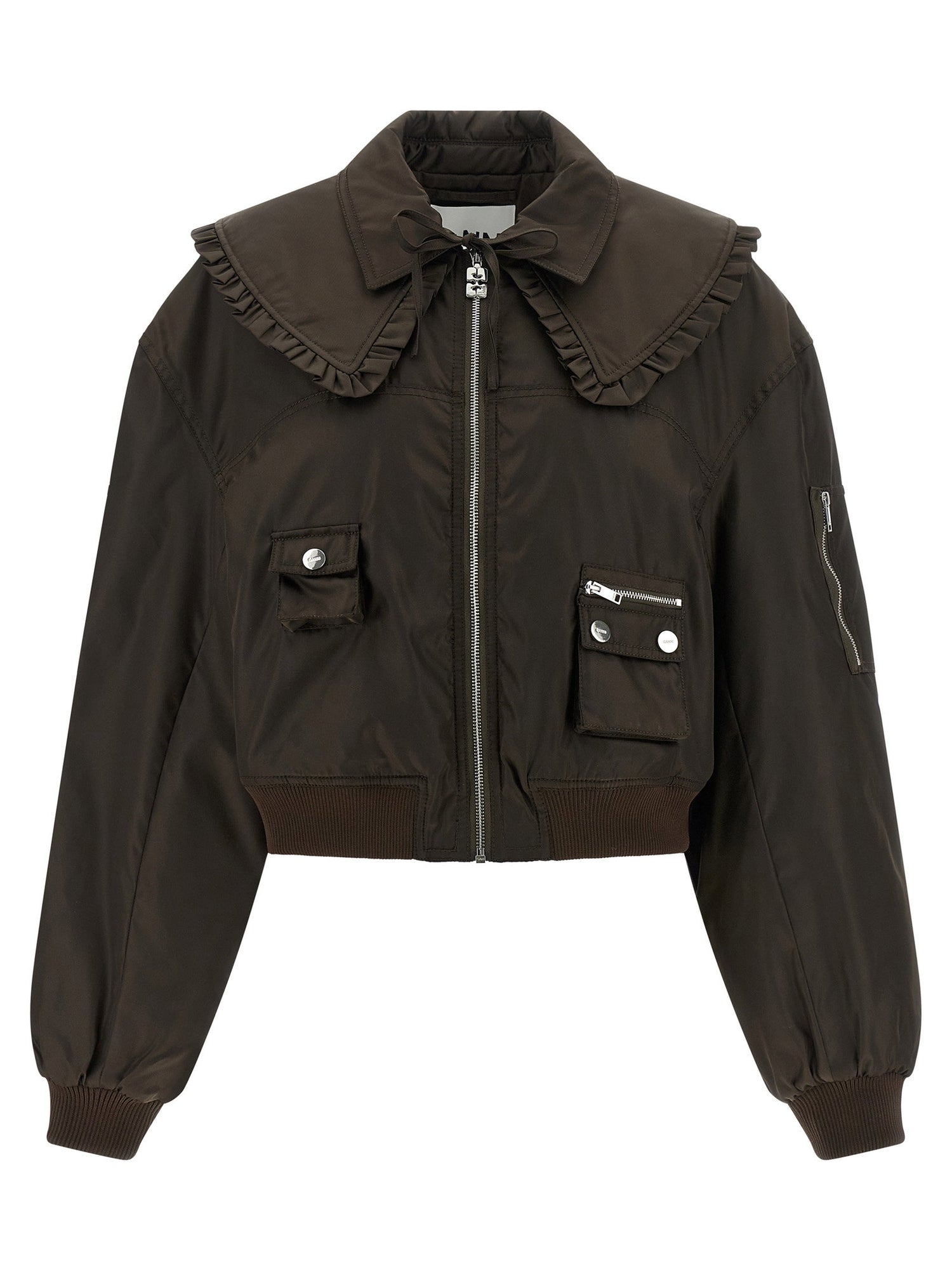 Ganni Duchesse Nylon Bomber Jacket Brown