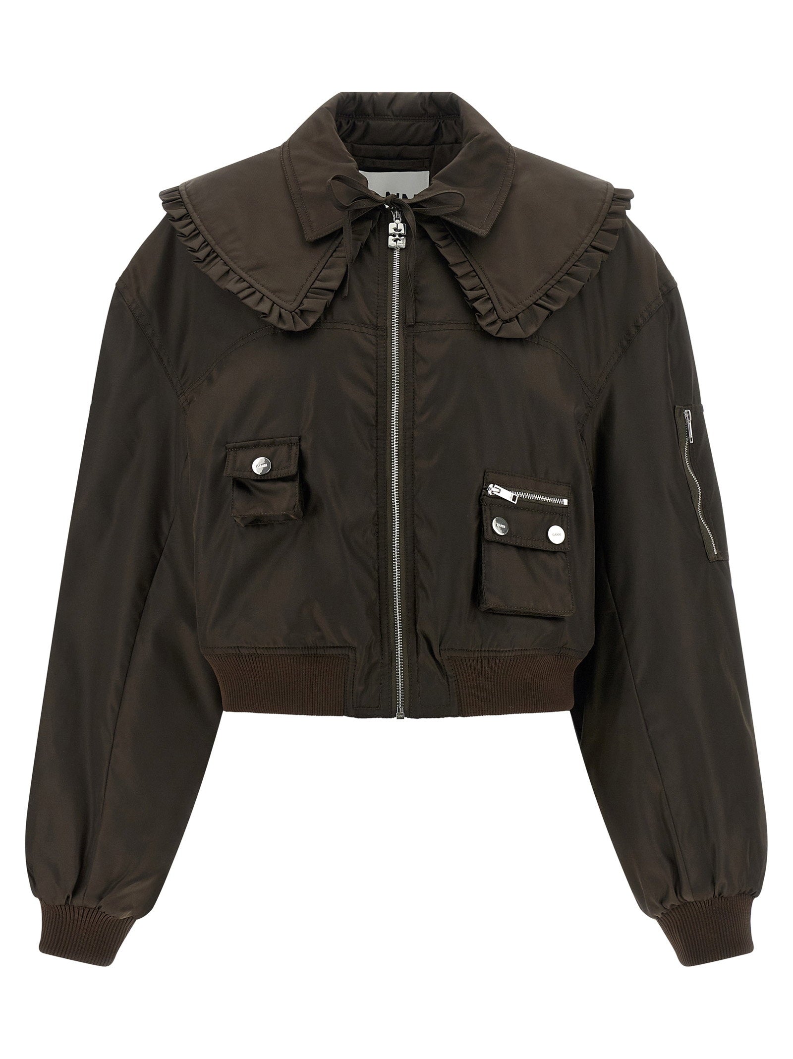 Ganni Duchesse Nylon Bomber Jacket Brown