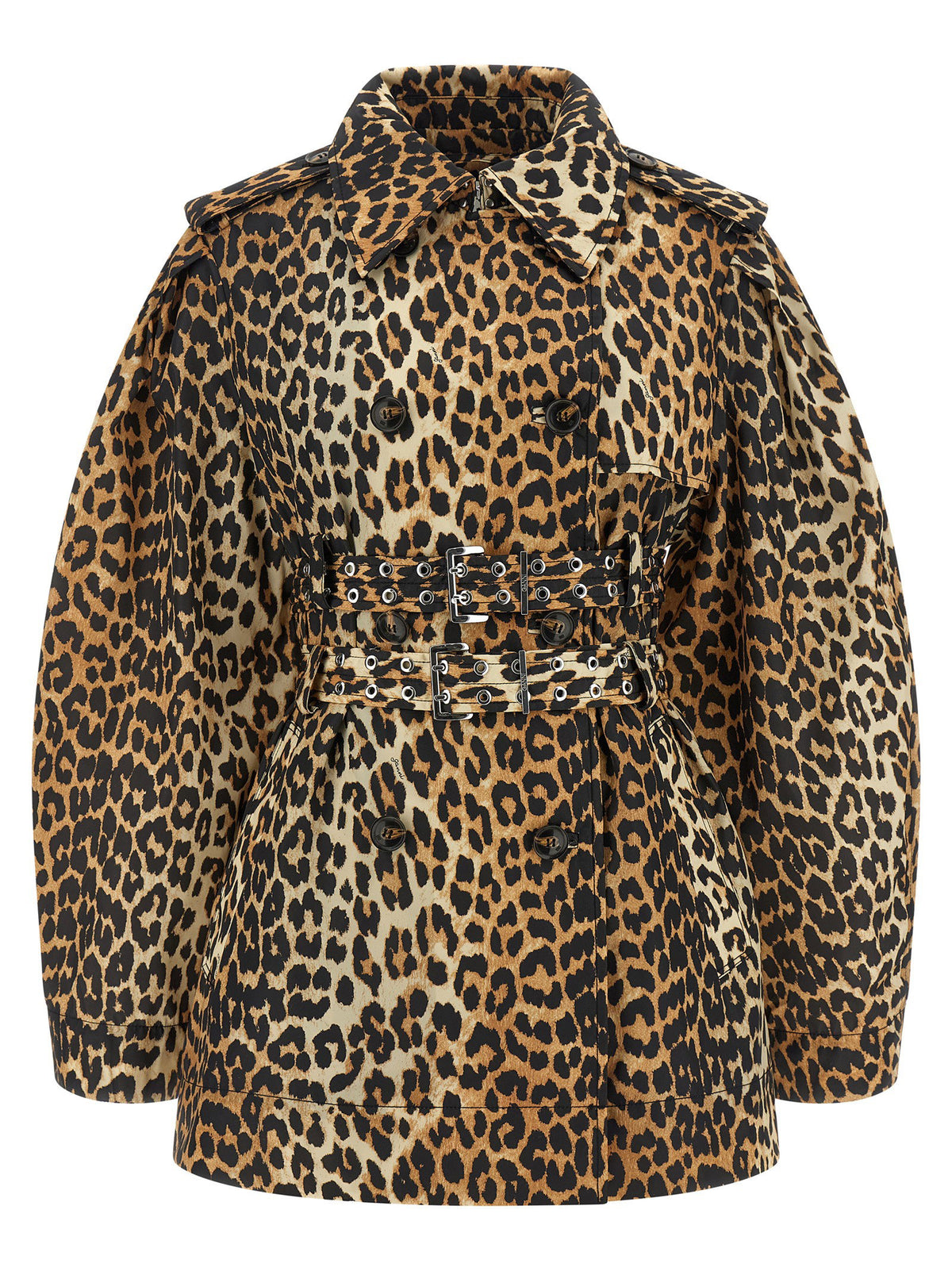 Ganni Leopard Duchesse Nylon Short Trench Coat Brown