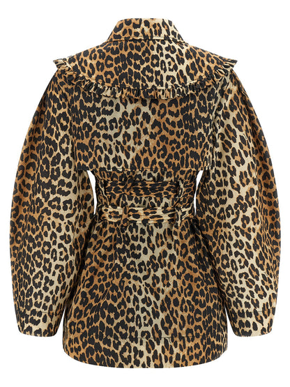Ganni Leopard Duchesse Nylon Short Trench Coat Brown