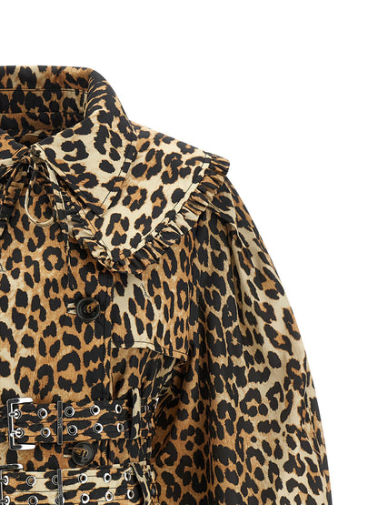 Ganni Leopard Duchesse Nylon Short Trench Coat Brown