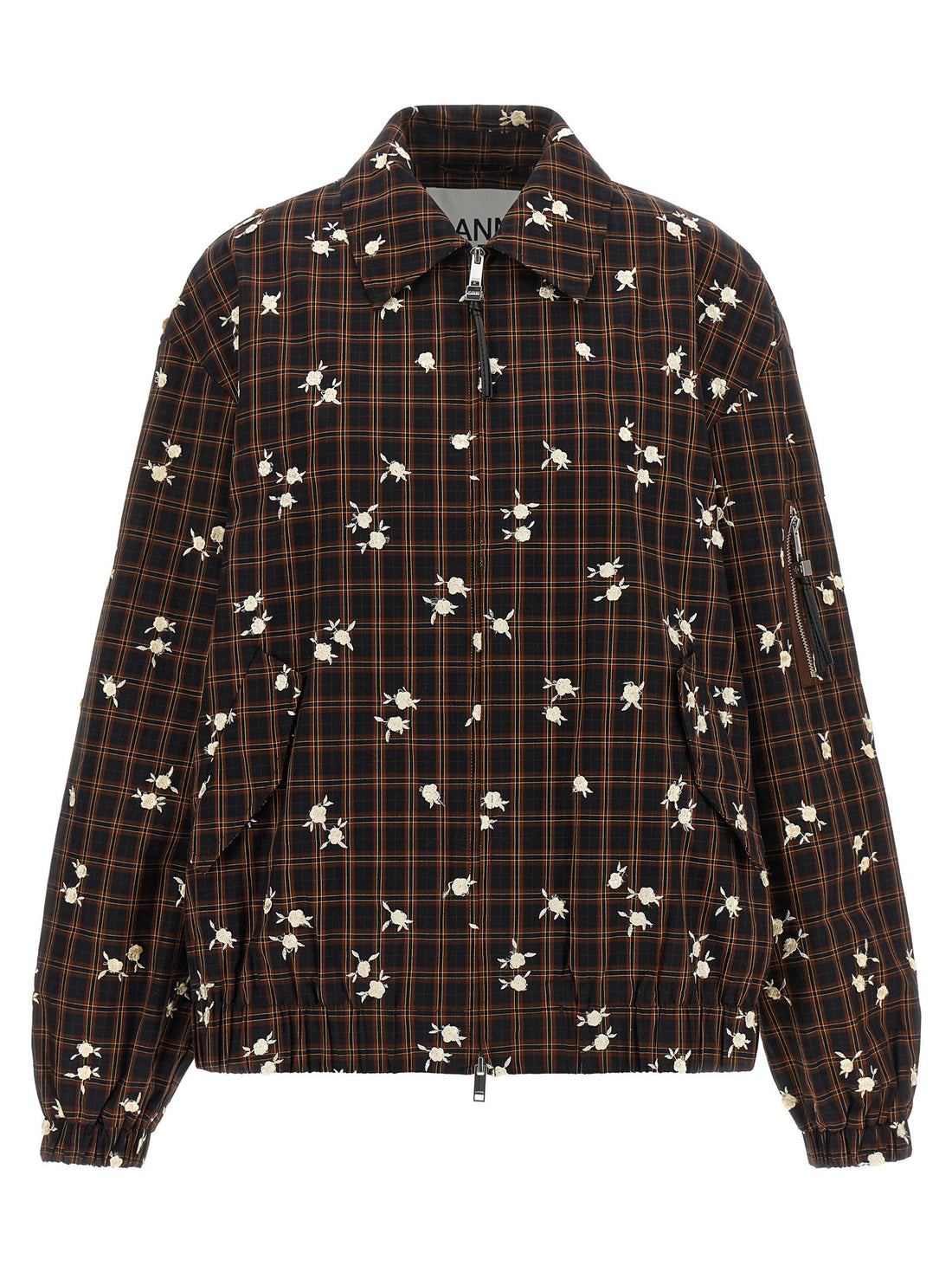 Ganni Check Flower Bomber Jacket Brown