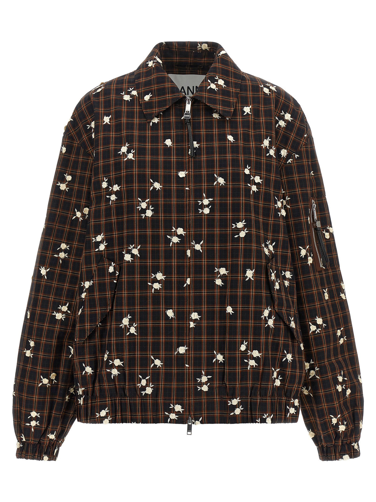 Ganni Check Flower Bomber Jacket Brown