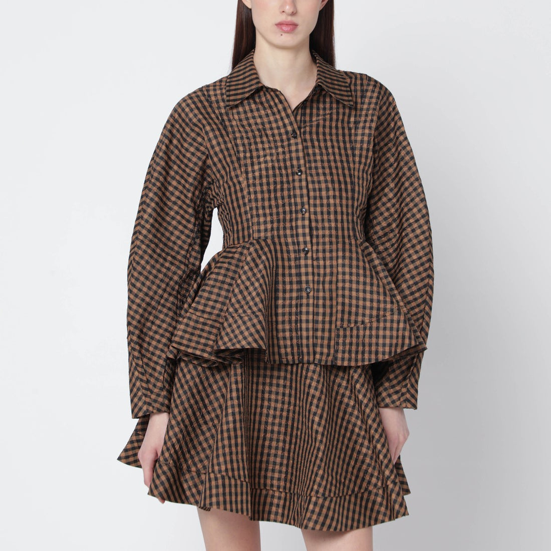 Ganni Gingham Peplum Crinkled Shirt Brown