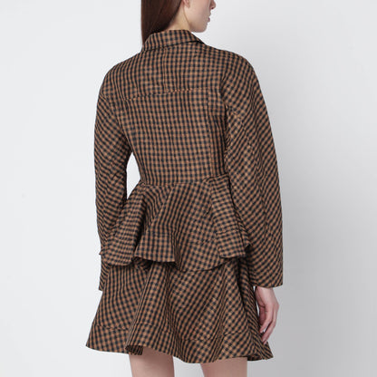 Ganni Gingham Peplum Crinkled Shirt Brown