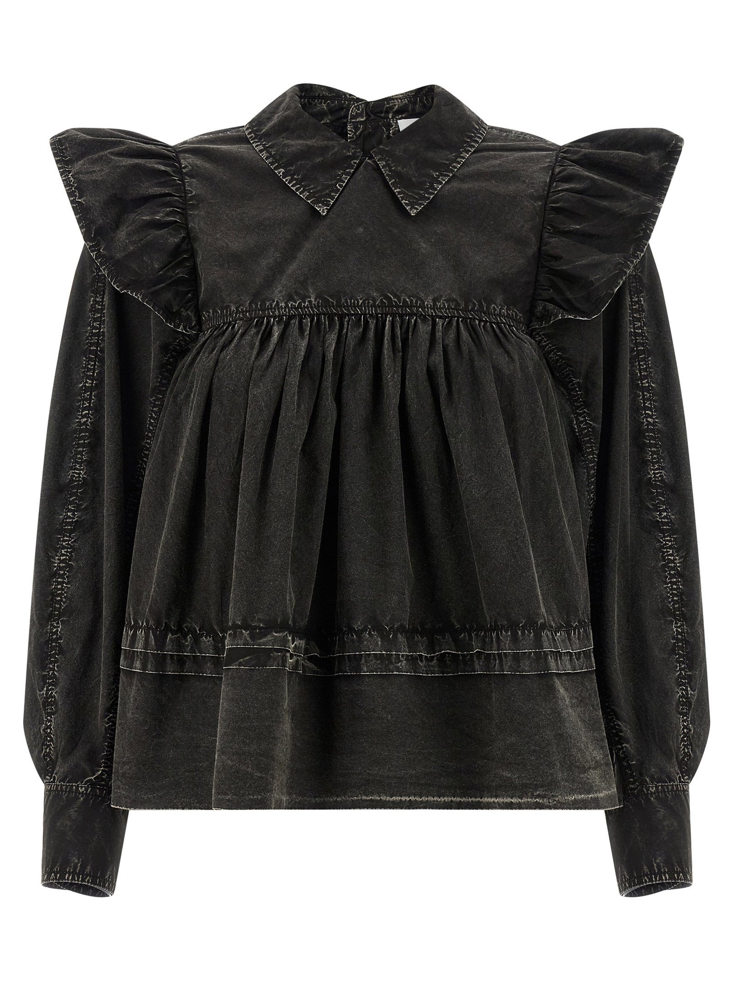 Ganni Black Washed Frill Blouse Black